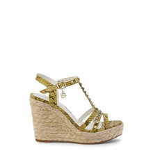 Load image into Gallery viewer, laura biagiotti yellow snakeskin wedge heel espadrille